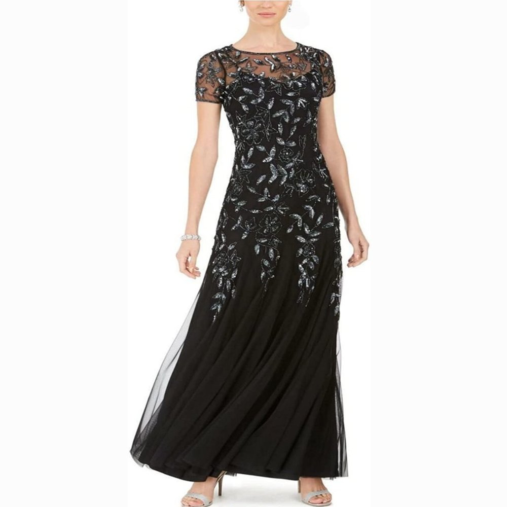 Adrianna Papell Women's Floral Beaded Godet Gown Gunmetal 4